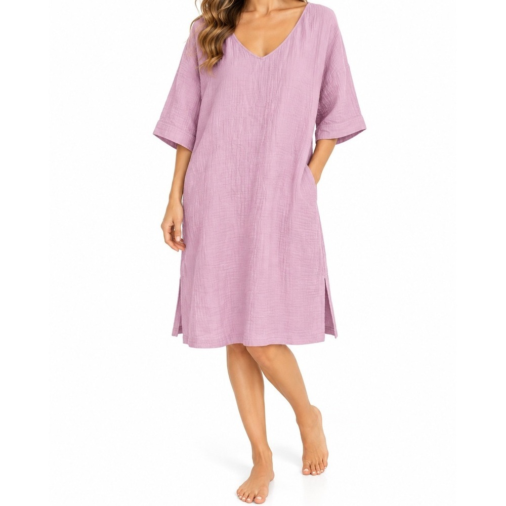 Eileen Fisher Organic Cotton Gauze V Neck Dress Lilac Pink Stripe XL $188